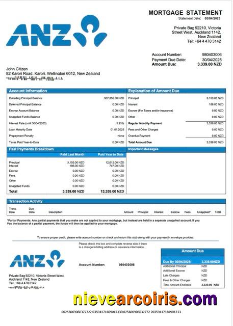 New Zealand ANZ Bank mortgage statement Word and PDF template